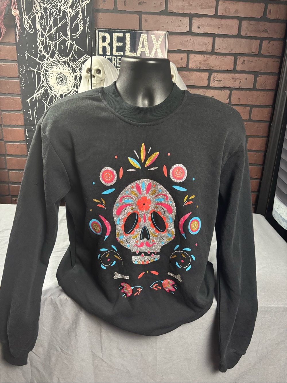 Black  Sweatshirt with Colorful Sugar Skull Graphic